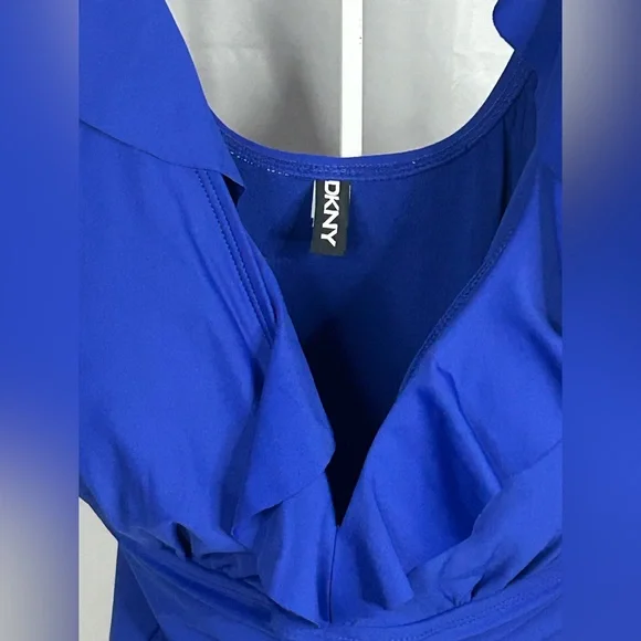 DKNY Blue Ruffle One Piece Swimsuit Ruched Tummy Control Size XL NWT - Picture 3 of 8